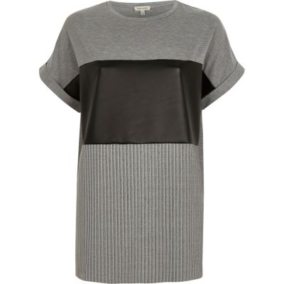 Grey leather look panel boyfriend T-shirt